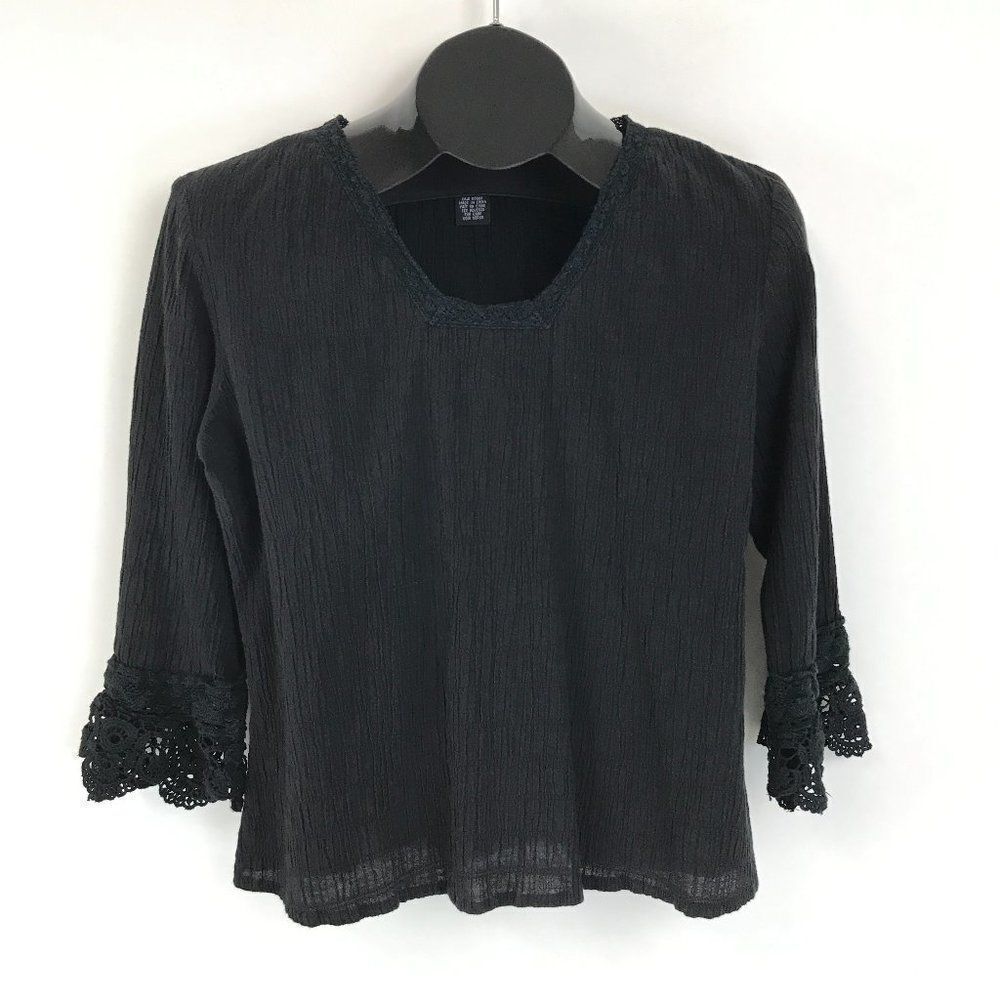 Ishyu Popover Top Women's Size Small Black 3/4 Sleeve Crochet Lace Stretch Boho